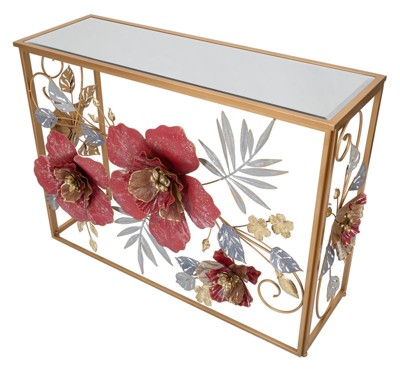 Table console en métal et verre avec feuilles et fleurs rouges