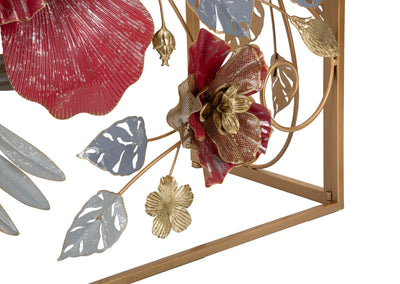 Table console en métal et verre avec feuilles et fleurs rouges