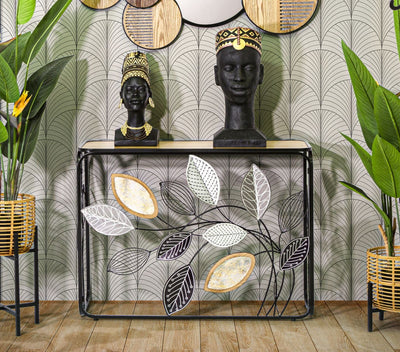 Table console carrée en métal et bois avec feuilles décoratives