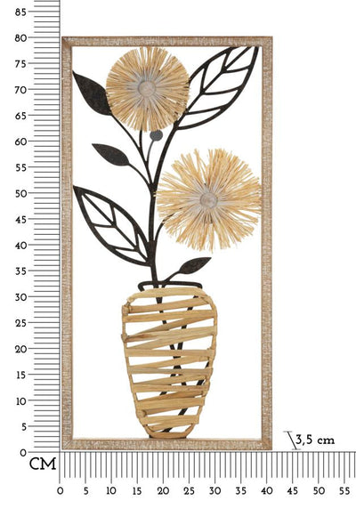 Vase en métal et bois avec fleurs - décoration murale dans un cadre carré