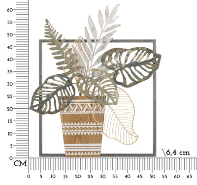 Vase en métal et bois avec feuilles tropicales - décoration murale