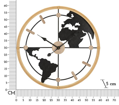 Horloge murale en métal et bois avec carte du monde