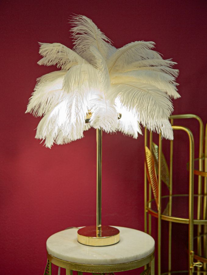 Lampe à poser en métal doré et plumes blanches