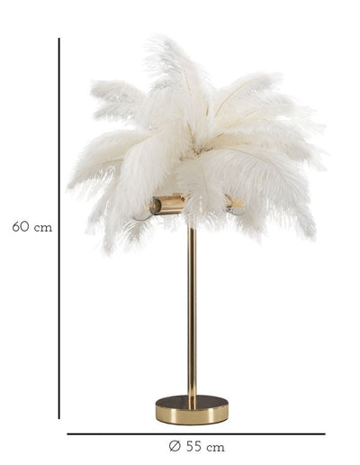 Lampe à poser en métal doré et plumes blanches