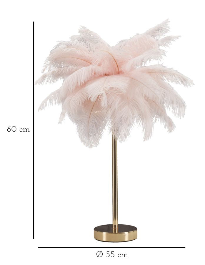 Lampe à poser en métal doré et plumes roses