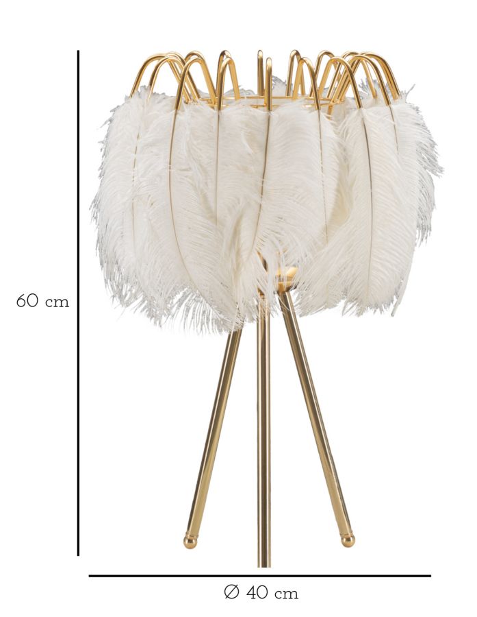 Lampe de table à 3 pieds en métal doré et plumes blanches