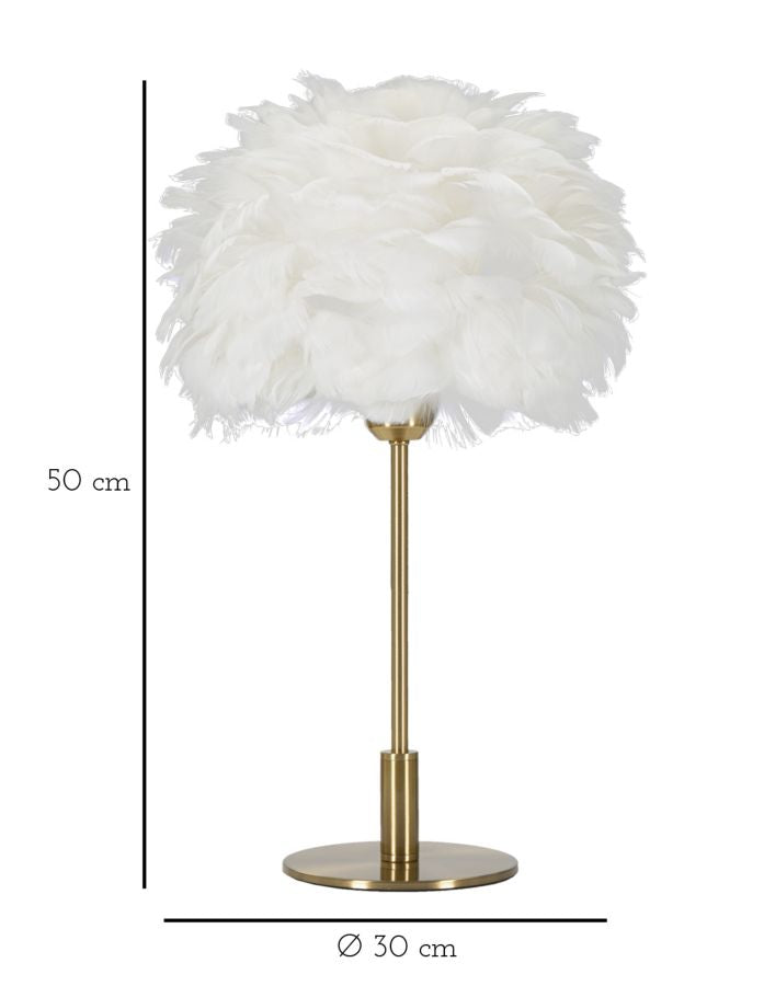 Lampe à poser en métal doré et plumes blanches