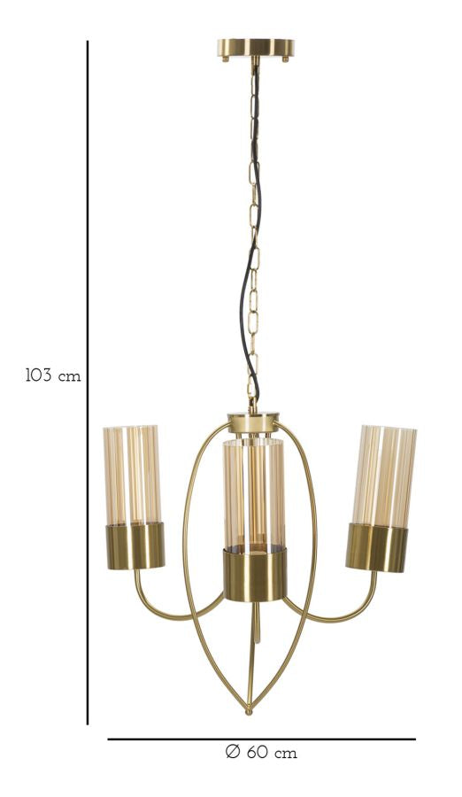 Plafonnier en métal doré en forme de goutte avec 3 lumières