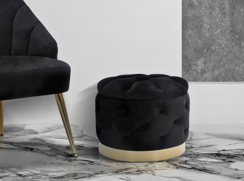 Tabouret de rangement en velours noir avec détails dorés