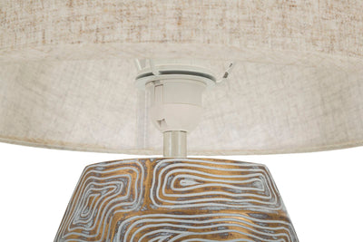 Grande lampe de table en tissu beige avec pied texturé – Eclips Tower