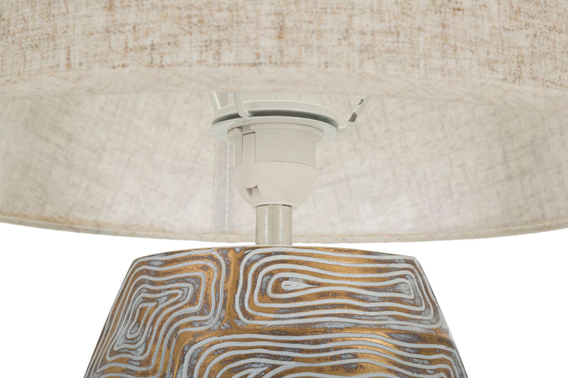 Grande lampe de table en tissu beige avec pied texturé – Eclips Tower