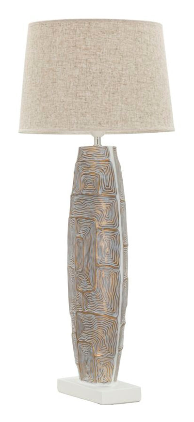 Grande lampe de table en tissu beige avec pied texturé – Eclips Tower