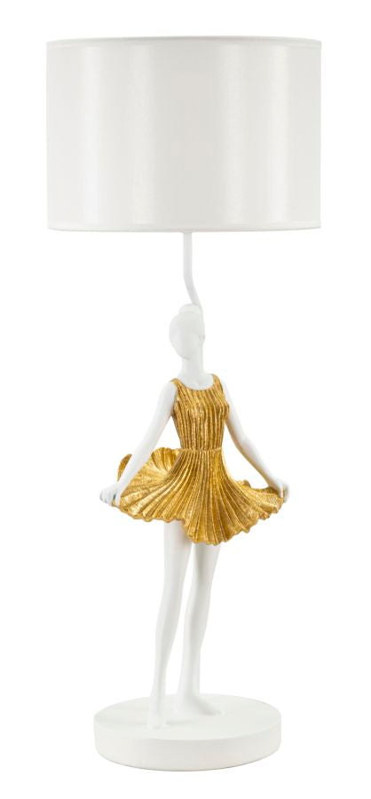 Lampe de table sculpture Gold Dancer avec abat-jour en tissu – Elegant Design