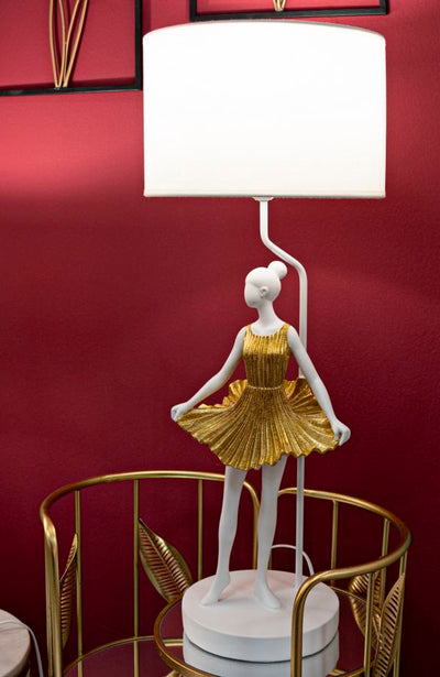 Lampe de table sculpture Gold Dancer avec abat-jour en tissu – Elegant Design