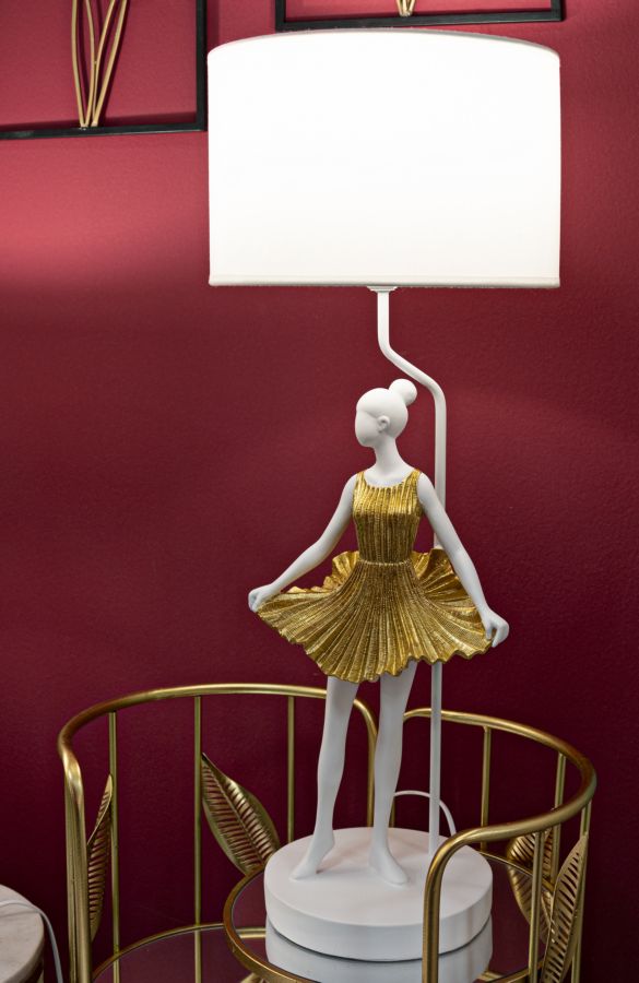 Lampe de table sculpture Gold Dancer avec abat-jour en tissu – Elegant Design