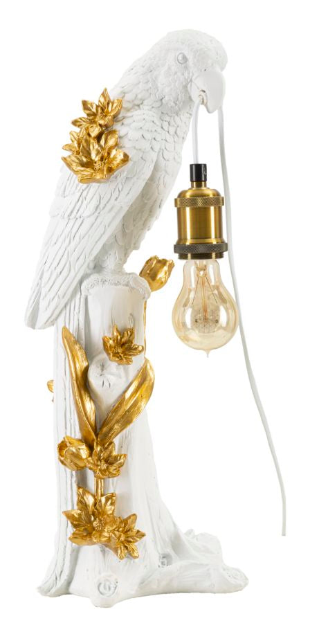 Lampe de table avec abat-jour en tissu et sculpture perroquet dorée – Design exotique