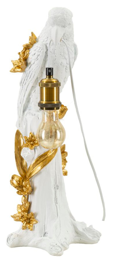 Lampe de table avec abat-jour en tissu et sculpture perroquet dorée – Design exotique