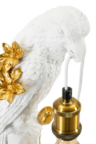 Lampe de table avec abat-jour en tissu et sculpture perroquet dorée – Design exotique