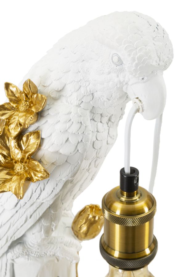 Lampe de table avec abat-jour en tissu et sculpture perroquet dorée – Design exotique