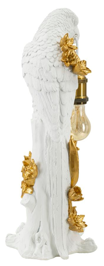 Lampe de table avec abat-jour en tissu et sculpture perroquet dorée – Design exotique