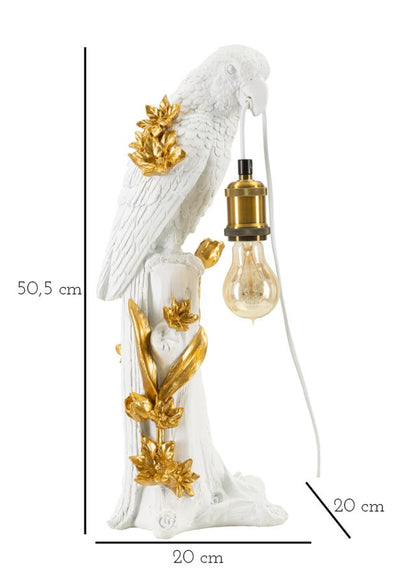 Lampe de table avec abat-jour en tissu et sculpture perroquet dorée – Design exotique
