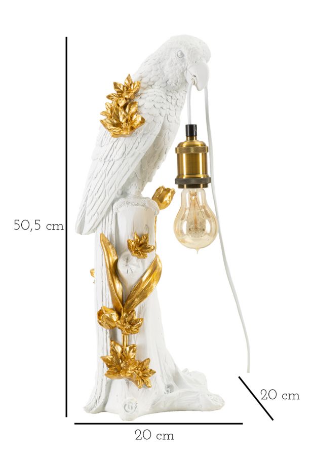 Lampe de table avec abat-jour en tissu et sculpture perroquet dorée – Design exotique