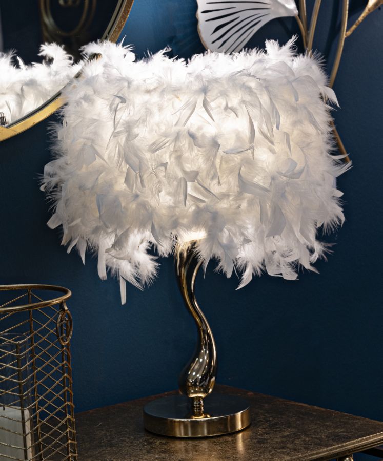 Lampe de table blanche à plumes avec pied doré – Collection Cart