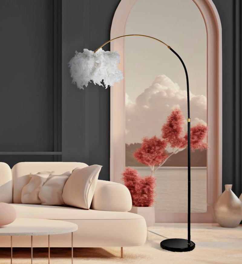 Lampadaire moderne noir en arc avec abat-jour en tissu – Plur Contemporary