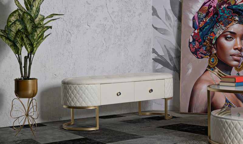 Banc rembourré blanc avec tiroirs – Rangement Sharon