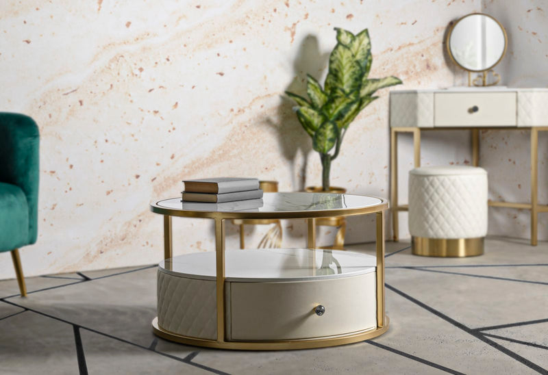 Table basse ronde avec piètement doré – Sharon Modern Design