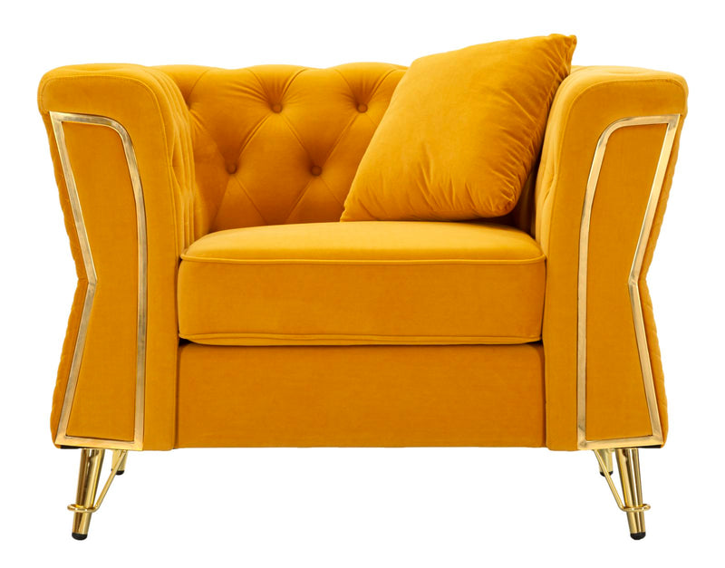 Fauteuil en velours moutarde avec coussin – Fauteuil d&