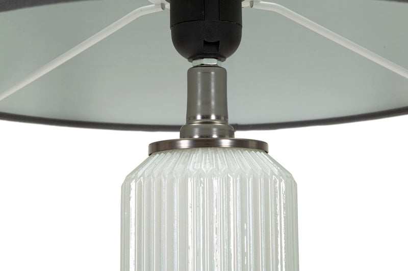 Lampe de table en verre transparent et argent avec abat-jour en tissu – Bright Three