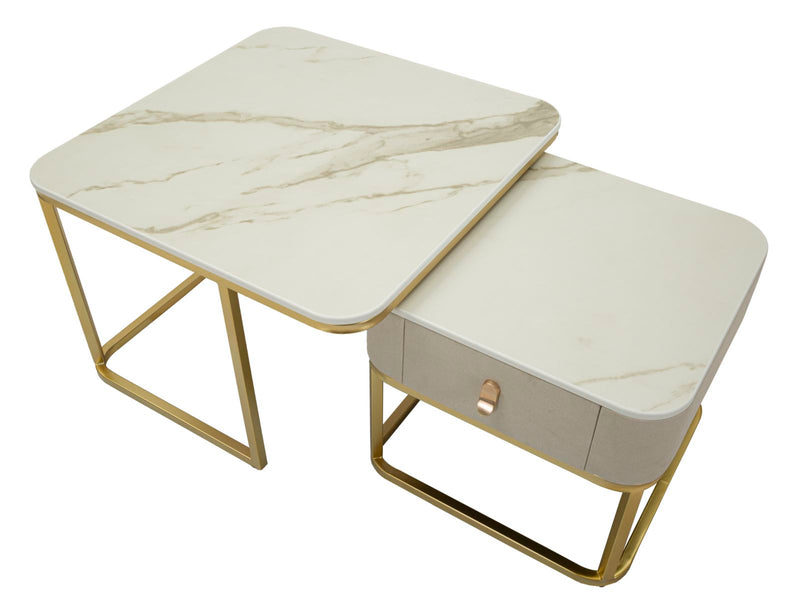 Lot de 2 tables basses en marbre artificiel avec piètement doré – Collection Beauté