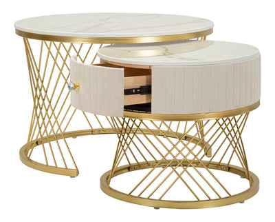 Ensemble de 2 tables basses en marbre artificiel avec cadre doré – Collection Votix