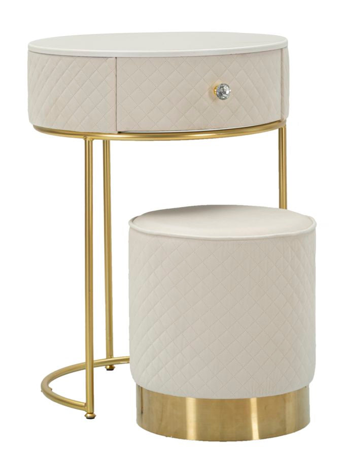 Table de chevet crème avec pouf assorti – Coiffeuse Velit