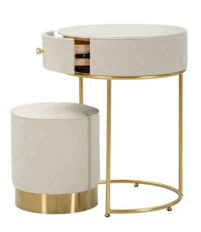 Table de chevet crème avec pouf assorti – Coiffeuse Velit