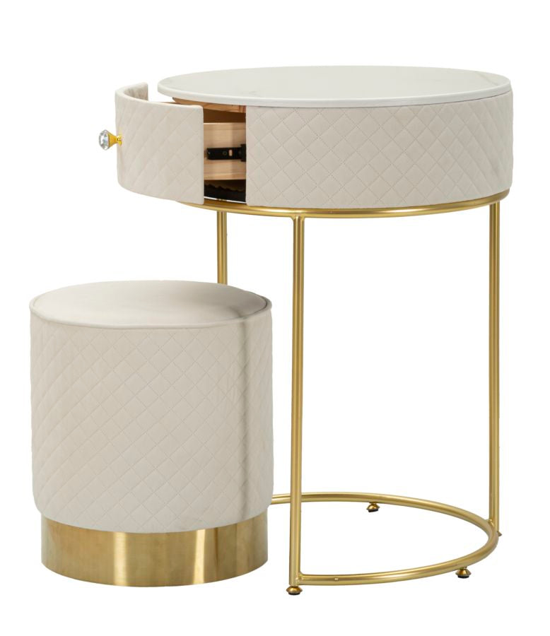 Table de chevet crème avec pouf assorti – Coiffeuse Velit