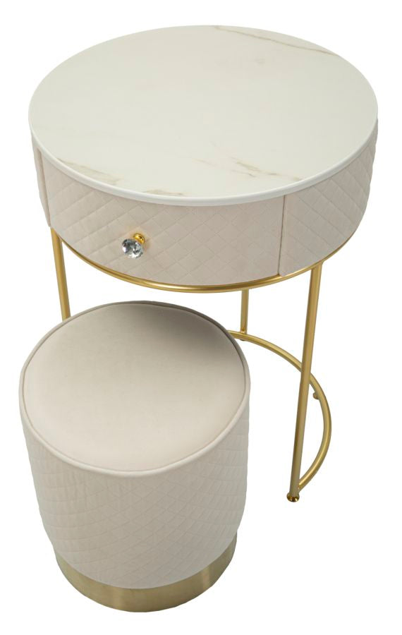 Table de chevet crème avec pouf assorti – Coiffeuse Velit