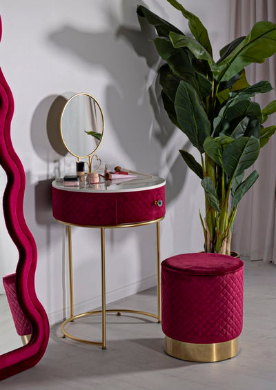 Table de chevet rouge avec pouf assorti – Coiffeuse Velit