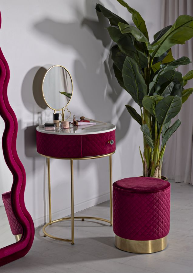 Table de chevet rouge avec pouf assorti – Coiffeuse Velit