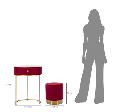 Table de chevet rouge avec pouf assorti – Coiffeuse Velit