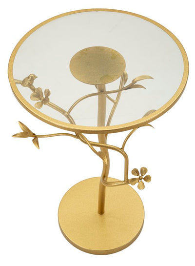 Table d'appoint ronde en verre avec piètement en forme d'arbre doré – Collection Birds