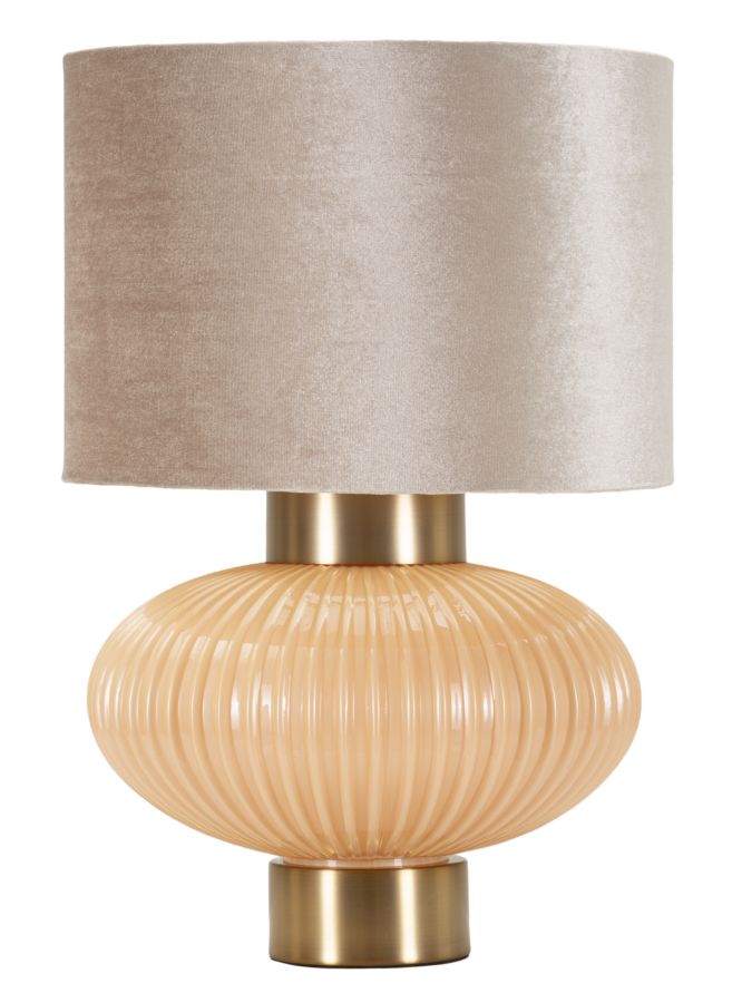 Lampe de table ronde dorée et beige avec abat-jour en tissu – Perly Modern