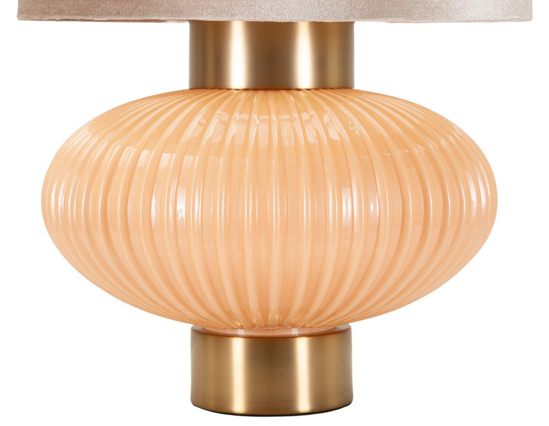 Lampe de table ronde dorée et beige avec abat-jour en tissu – Perly Modern