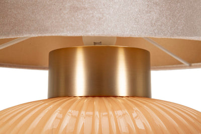 Lampe de table ronde dorée et beige avec abat-jour en tissu – Perly Modern