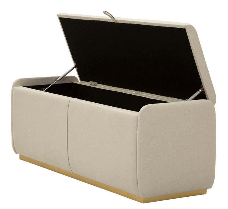 Banc de rangement rembourré beige – Siège moderne pour salle de bain