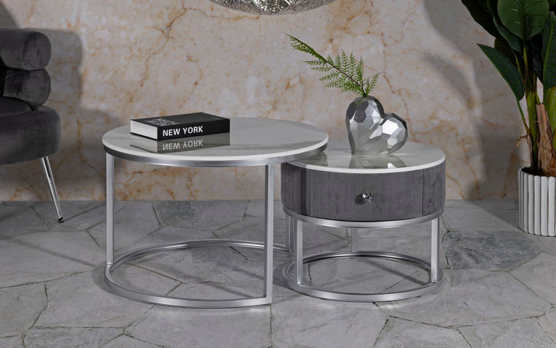Lot de 2 tables basses rondes avec plateau gris – Collection Greys