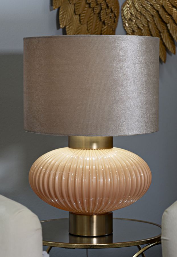 Lampe de table ronde dorée et beige avec abat-jour en tissu – Perly Modern