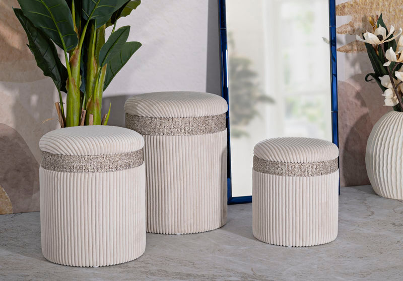 Lot de 3 poufs de rangement rembourrés crème – Collection Curtain