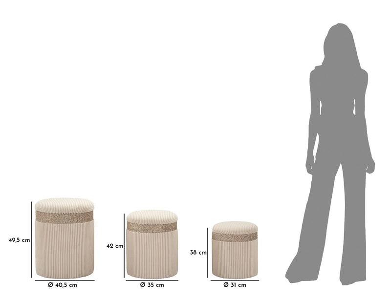 Lot de 3 poufs de rangement rembourrés crème – Collection Curtain